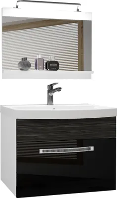 Produktbild von BELINI Badmöbel Vollausstattung Set Waschbeckenschrank, Waschbecken, Spiegel, Lampe (Schwarz / Ebenholz Royal, Glänzend und Matt)