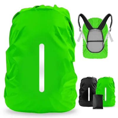 Image de Housse de pluie pour sac à dos, lot de 2, imperméable, avec bandes réfléchissantes, taille XL (56-70L), noir et vert