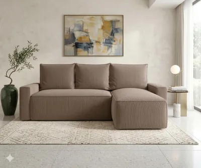 Image de Canapé d’angle HAVANA droit marron clair velours côtelé Poso 2 - fonction couchage, coffre de rangement pour la literie