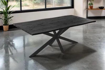 Produktbild von Esstisch Josy | 200 x 100 cm | Holz-Optik in Grau | Spider-Gestell Metall schwarz | 40 mm Tischplatte mit Baumkante | Tisch für Esszimmer & Küche
