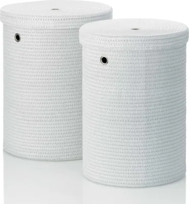 Two white woven laundry baskets with lids are shown side-by-side on a white background.