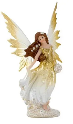 Fee trägt ein glitzerndes goldenes Kleid, das sanft in Weiß übergeht und elegant zu Boden fällt.