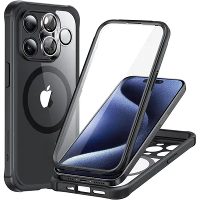 Image de Coque de protection pour iPhone 15 Pro Max, compatible MagSafe, antichoc à 360°, avec protection pour l'appareil photo, couleur noire transparente