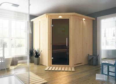 Produktbild von Karibu Sauna Innensauna Jarin Eckeinstieg Ofen 9 kW integr. Strg 210x210x202 cm mit Dachkranz mit Graphittür