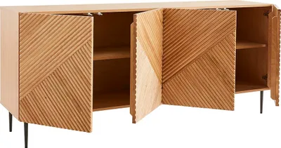Produktbild von Miliboo - Design-Sideboard aus hellem, massiver Eiche mit Gravur und schwarzem Metall, 4 Türen, B180 cm ARCHIPEL