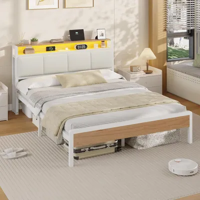 Image de Lit tapissier AODEMOKO 140 x 200 cm, avec éclairage LED et station de chargement, blanc