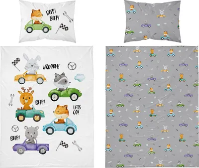 Produktbild von Babybettwäscheset 90x120 Autos und Tiere BAUMWOLLE