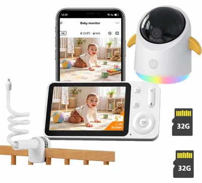 Productafbeelding van Babyfoon met 5-inch scherm en camera-app, 360° draaibaar, WLAN, videofunctie, RGB nachtzicht, detectie van huilen, beweging en geluid, inclusief houder en 2x 32GB geheugenkaart