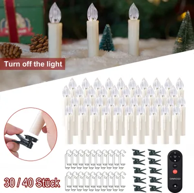 A collage of images showing LED Christmas tree candles, clips, and a remote control, with a festive background of snow and trees.