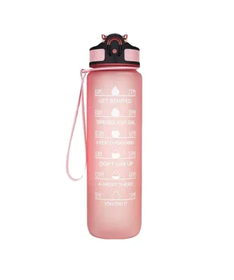 Produktbild von Sport Trinkflasche 1 Liter mit Motivations-Skala, Shaker-Ball und integriertem Strohhalm – Trinke während deiner Aktivität für Sport & Alltag (Rosa)