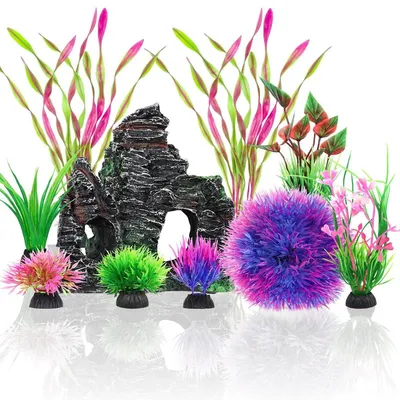 Produktbild von Aquariendekoration – Künstliche Pflanzen und Höhle – Set mit 10 Stück – Harz – 5 bis 20 cm