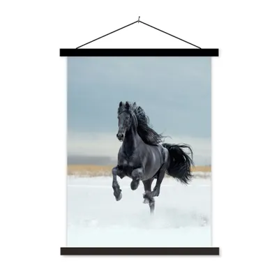 Produktbild von MuchoWow® Textilposter Pferd - Schwarz - Schnee 90x120 cm mit schwarzem Rahmen - Dekoration