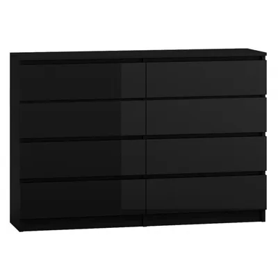 A black, high-gloss dresser with eight drawers against a white background.