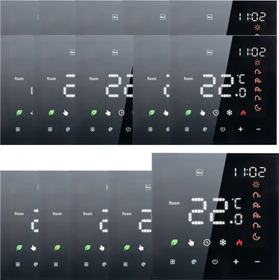 A collage of digital thermostat displays showing temperature and time.