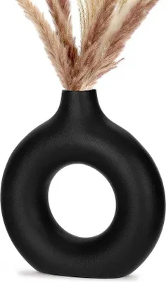 Produktbild von Unyqoos® Keramikvase Mattschwarz M 18 x 19,3 cm (Kaliber 3,4 cm) – Handgefertigte Boho Donut‑Vase aus Keramik für getrocknete Blumen, 1 St., Tischdeko