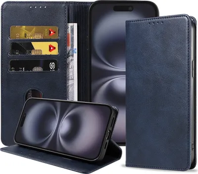 Produktbild von Smartphonica Handytasche geeignet für iPhone 16 Plus Kunstleder mit Magnetverschluss und Kartenhalter Buchhülle mit Klappe - Blau