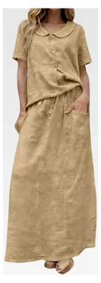 Produktbild von Einfarbiges Leinenkleid für Damen im Zweiteiligen Set mit Kurzarmbluse und Maxirock im lockeren Vintage-Stil