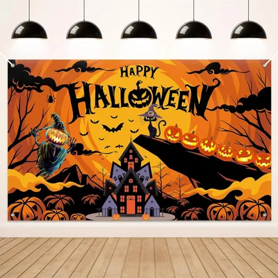 Obrázok produktu pre Dekoračný banner na Halloween s motívom dýne a netopierov – Sviatočná dekorácia na terasu, do domu, záhrady – Vhodné na interiér aj exteriér
