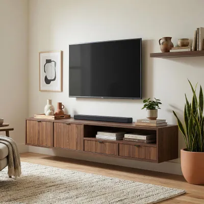 Produktbild von BEAUTYSOFA | Hängender TV-Schrank EVRON 200 cm, Fernseherschrank mit 2 Schubladen, 2 Türen und offener Ablage, Braun Walnuss