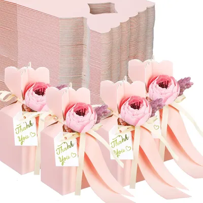 Produktbild von 50 Stš¹ck rosa Gastgeschenkboxen mit Schleife und Blume zum Selbermachen von Schokoladen- und Sš¹?igkeitentš¹ten fš¹r Verlobung, Brautparty, Babyparty, Geburtstag, Jubil?um und andere Feierlichkeiten