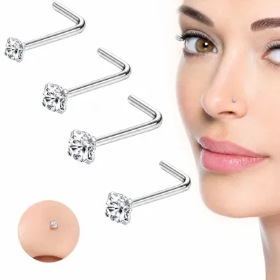 Produktbild von 4er Set Nasenstecker 20G, L-förmige Nasenringe aus Edelstahl, Nasenpiercing Schmuck mit 1,5/2/2,5/3 mm Steinen für Damen und Herren