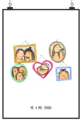 Produktbild von Mr. & Mrs. Panda Bild Igel Familie DIN A4 - Weiß - Geschenk, Plakat, Bilder, Kunstdruck, Wandbild, Glück, Muttertag, drucke, Schwester, Deko, Liebe