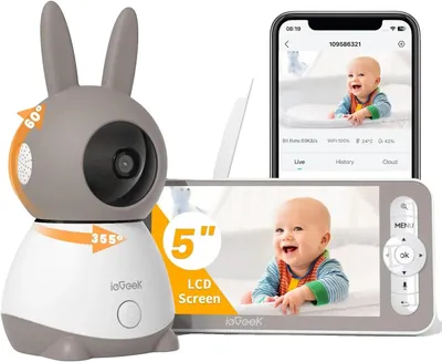 Zdjęcie produktu dla Monitory niemowląt, sensor 2K, wyświetlacz 5 cali, rozdzielczość HD 1080P, funkcja obrotu i nachylenia 355°, pamięć 128 GB