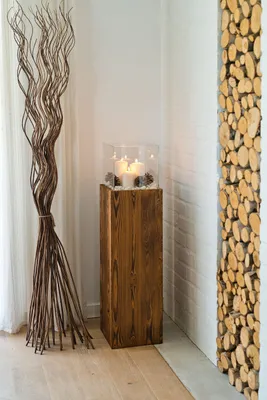Produktbild von Windlicht-Säule Kerzenständer Deko-Laterne Deko-Säule für Wohnzimmer, Balkon, Terrase Kerzensäule Bodenwindlicht aus Holz & Glas Nuss 100 cm hoch