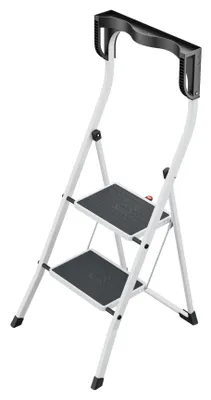 Produktbild von Hailo K75 ComfortLine Klapptritt - 2-stufige Trittleiter aus Stahl mit Sicherheitsbügel und Ablageschale - Arbeitshöhe bis 2,47 m - Gewicht: 5 kg - Weiß