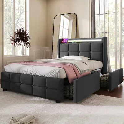 Produktbild von Sweiko Polsterbett (Stauraumbett mit Lattenrost), Einzelbett 90x200cm mit LED-Beleuchtung, Ladefunktion und 2 Schubladen
