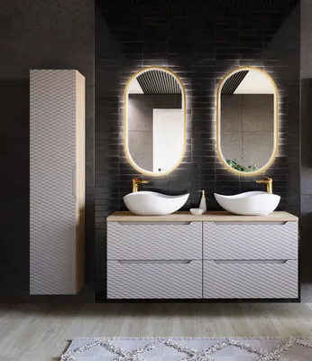 Productafbeelding van Badmeubelset 7-delig, badkameraccessoireset LAXY, eikenhout, beige, inclusief wastafel