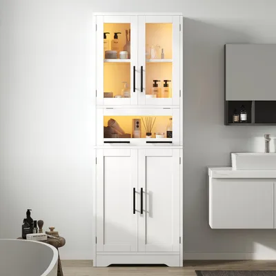 Produktbild von Badezimmerschrank mit LED Beleuchtung 72x35x170 cm Hochschrank mit 2 Glastüren 3 Schubladen und 2 Schränken App Steuerung Weiß Verstellbare Ablagen