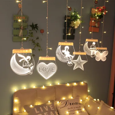 Zdjęcie produktu dla Kurtyna świetlna Led Love Ciepła biel, świąteczne gwiazdki 3d i wróżki księżycowe z pilotem zdalnego sterowania 
 Timer / funkcja pamięci / 5 trybów / wtyczka USB, świąteczna dekoracja okienna