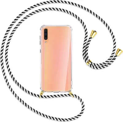 Produktbild von Handykette Backcover-Schutzhülle mit Band (Metall goldfarben) für Samsung Galaxy A50 - schwarz/weiß gestreift