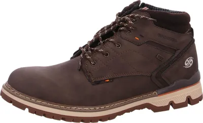 A single brown winter boot is shown against a white background.