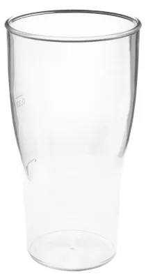 A clear plastic beer glass is shown against a white background.