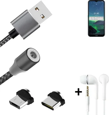 Produktbild von K-S-Trade® Hochwertiges Magnet-Lade-kabel Sync-Kabel Daten-Kabel + Kopfhörer für Nokia 1.4 mit USB-Typ-C-Anschluss und Micro-USB-Anschluss 2A bis