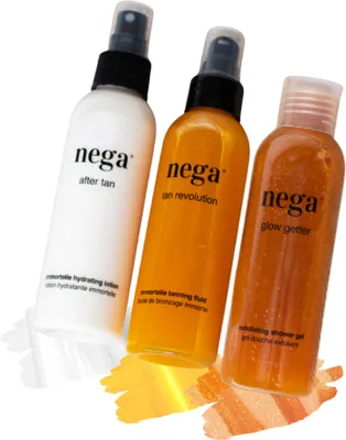 Obrázok produktu pre Letná sada na opaľovanie 3×150 ml, samoopaľovací fluid, aftersun mlieko a telový peeling, vegánska kompletná starostlivosť - NegaFullBundle