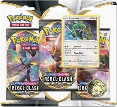 A Pokemon Rebel Clash 3-pack blister with a Rayquaza card.