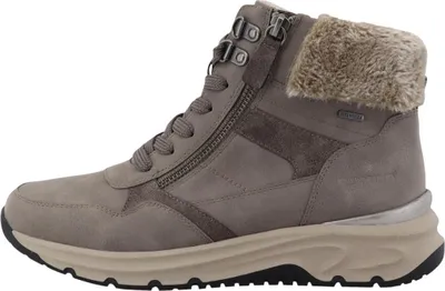 A side view of a gray winter boot.