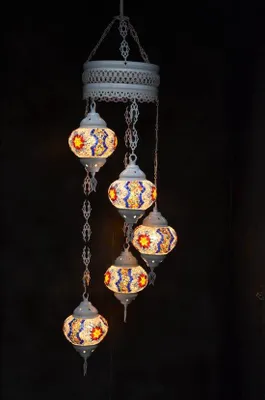 Produktbild von Hanglampe mit 5 bunten Mosaik-Kugeln aus Glas im marokkanischen Stil, ca. 120 cm lang, E-14 Fassung