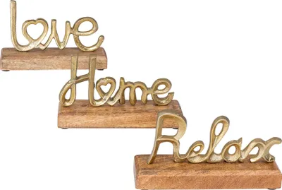Produktbild von 3er Set Schriftzug Love Home Relax Gold Mango Holz Metall Aufsteller Deko