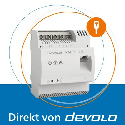 A promotional image for a Devolo Magic LAN device. The product is shown in the center with graphic overlays and text at the bottom.