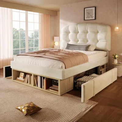 Produktbild von Polsterbett Samt mit Lattenrost und Stauraum, höhenverstellbares Kopfteil, Jugendbett mit Schubladen, Schlafzimmerbett ohne Matratze 90x200cm, Beige