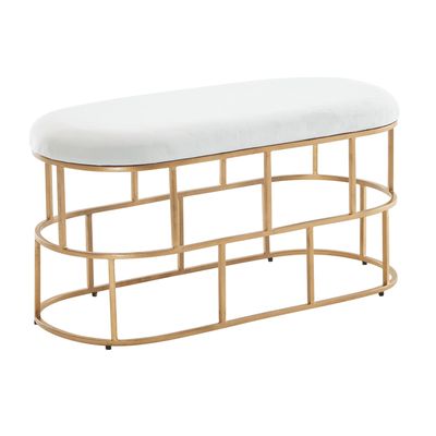 WOHNLING Sitzbank Samt Weiß / Gold 90x46x38 cm Flur Polsterbank mit Metallgestell, Design Bettbank Schlafzimmer, Flurbank Garderobenbank Modern