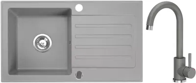 Immagine prodotto di VBChome Lavello in granito 76 x 44 cm Grigio con rubinetto Lavello da incasso a vasca singola Reversibile Speckled Lavello di facile manutenzione con sifone