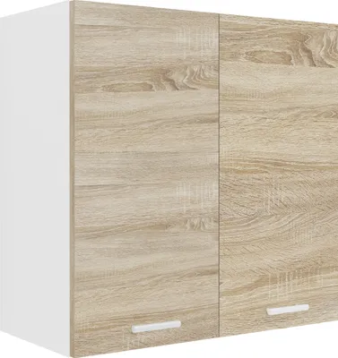 A close-up, studio shot of a wall-mounted kitchen cabinet with two doors.