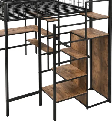 Produktbild von Flieks Etagenbett 140x200cm mit Schreibtisch und Bücherregal, Hochbett mit Kleiderschrank, Kinderbett Metallbett mit Lattenrost, Doppelbett Schwarz