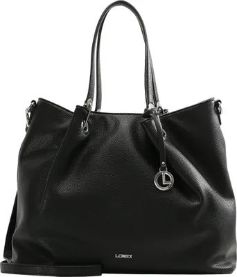 A black leather shopper bag with a silver logo.