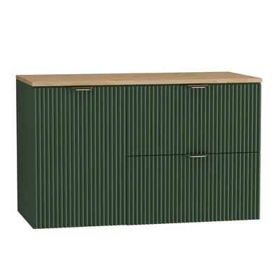 A green cabinet with a wooden top and gold handles against a white background.